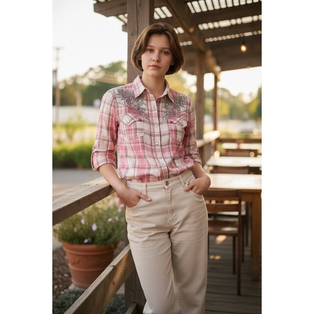 Destined To Roar Pearl Snap Western Pink Plaid Top Size Small